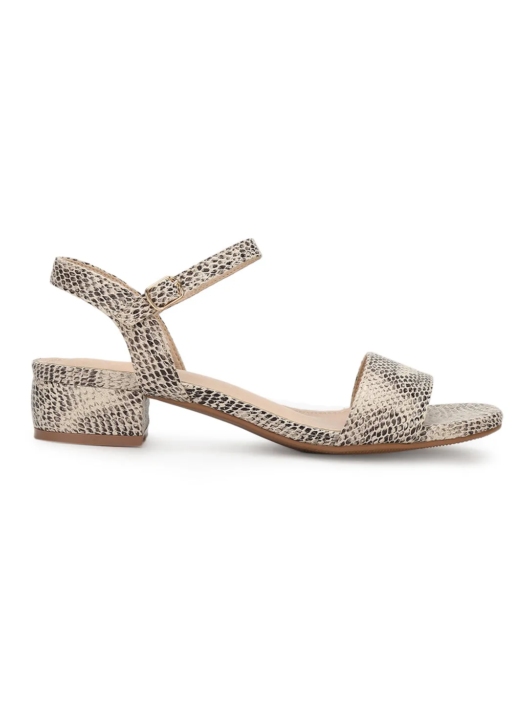 Beige Snake PU Low Ankle Strap Block Heels