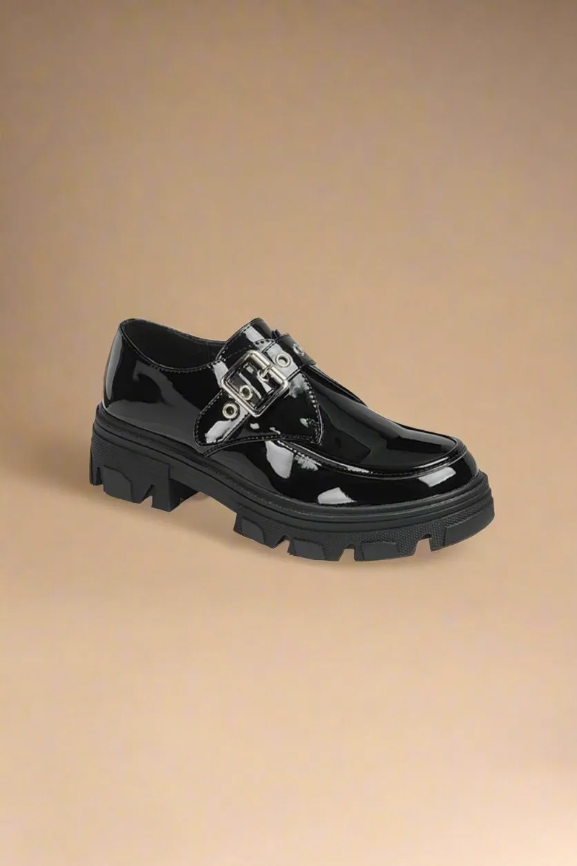 Black Patent Vegan Leather Buckled Platform Lug Sole Loafers