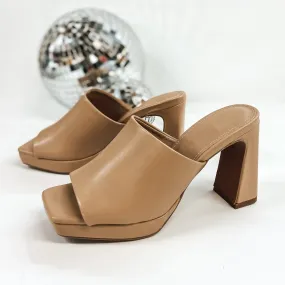 Chic Moment Slide On Block High Heels in Tan