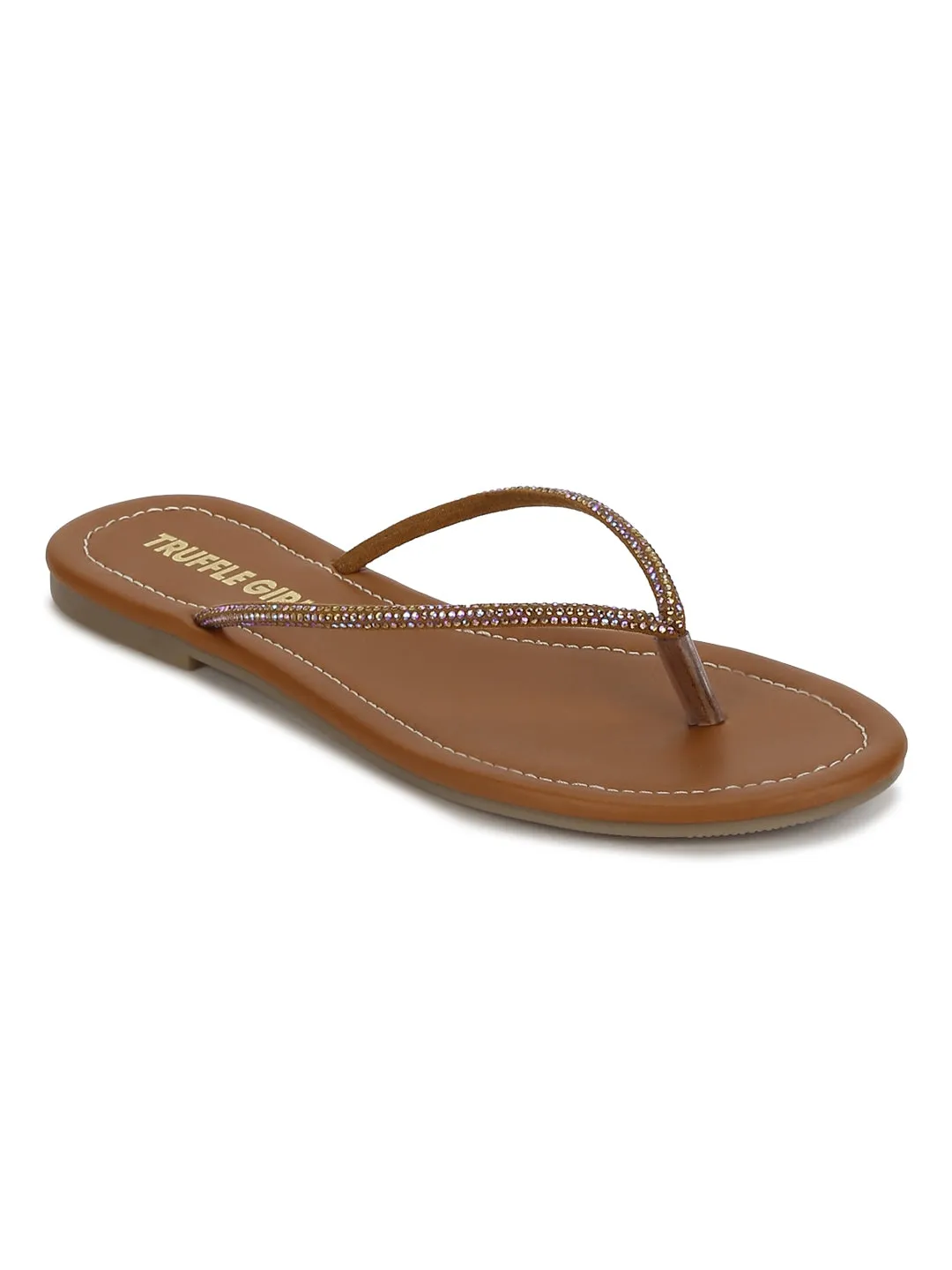 Embellished Tan PU Slip on Flat Sandals