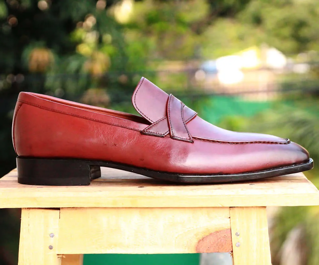 Handmade Men's Burgundy Color Leather Loafers, Men's Formal Dress Loafer Shoes