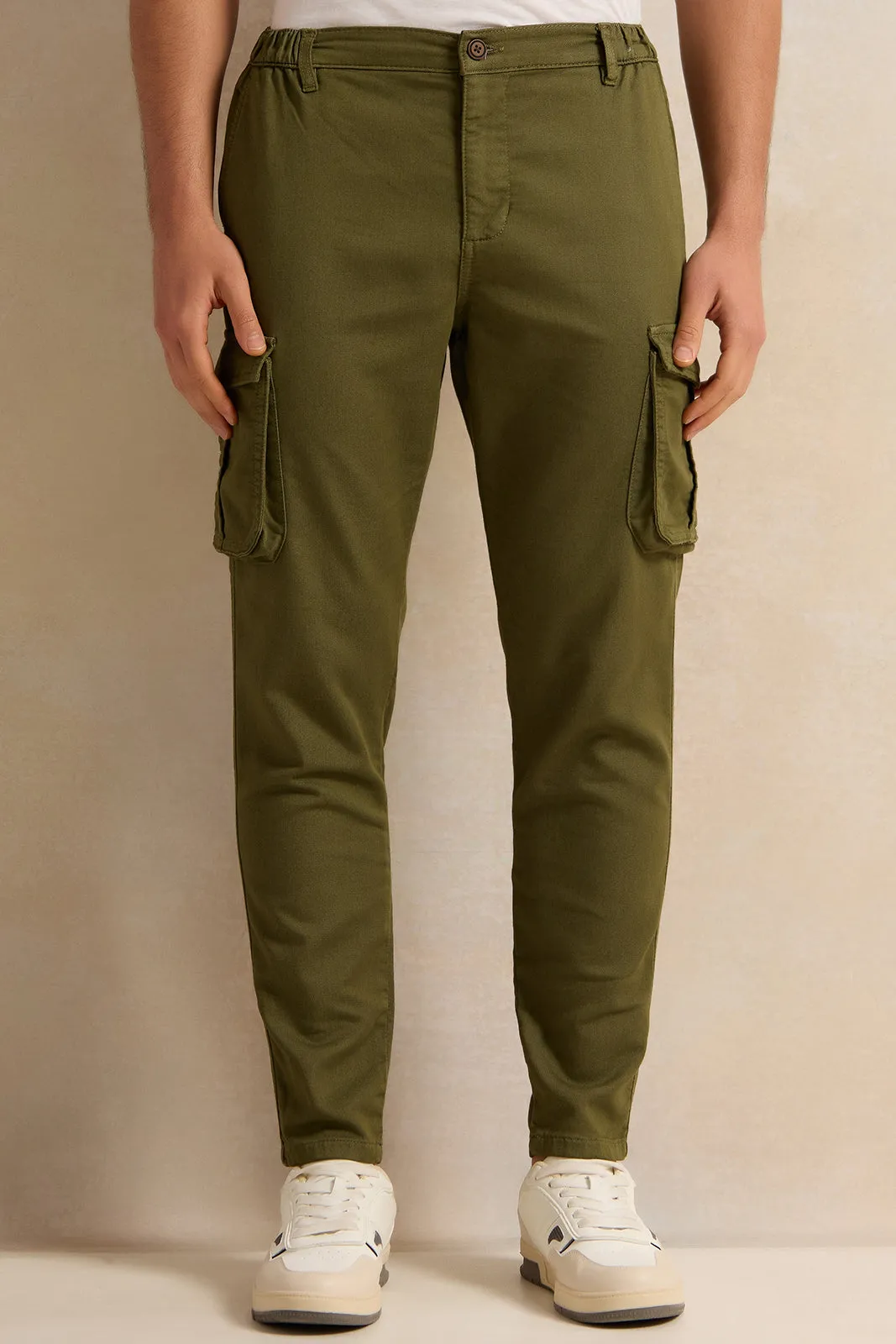 Men Olive Cargo Denim Jogger