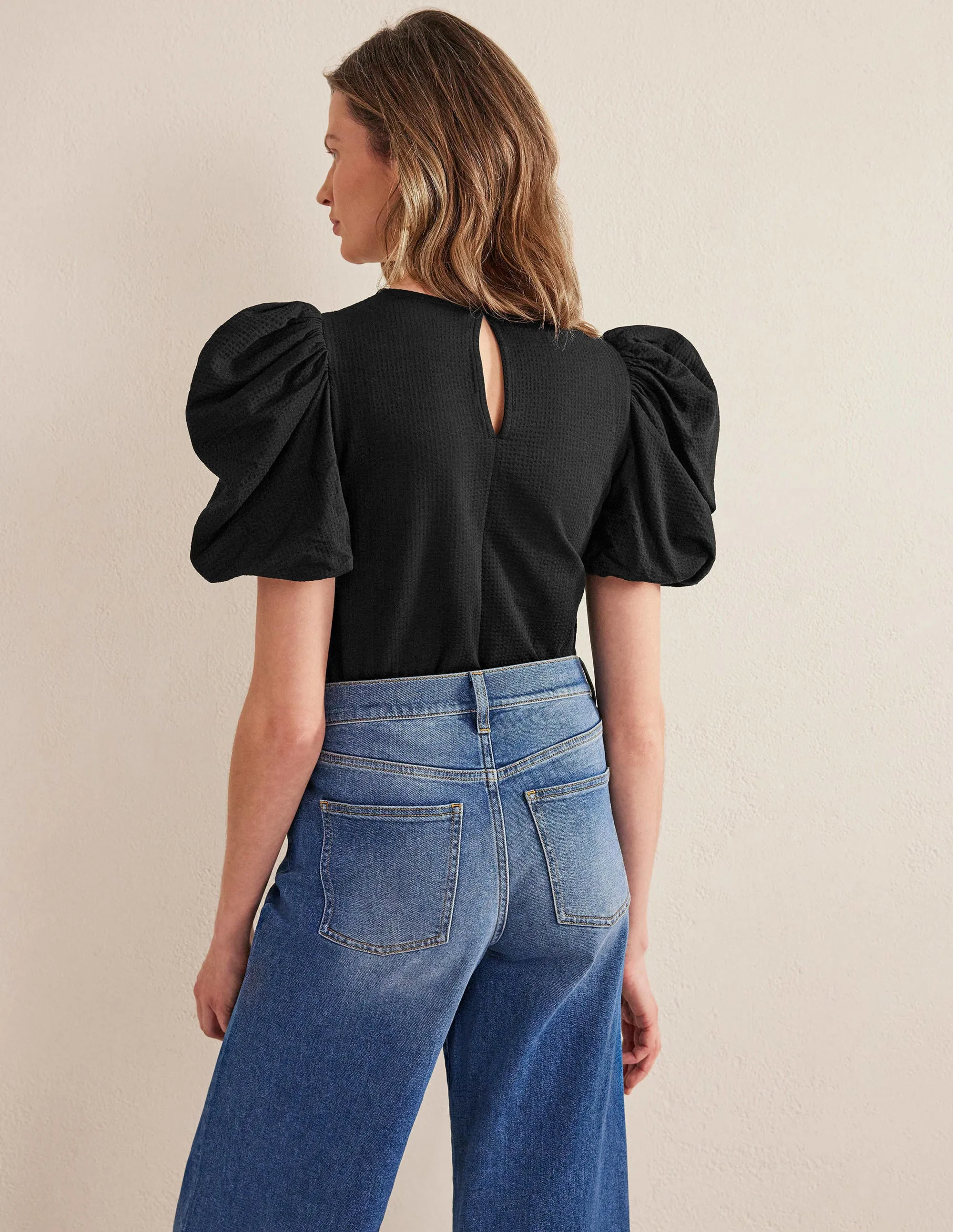 Puff Sleeve Jersey Top-Black