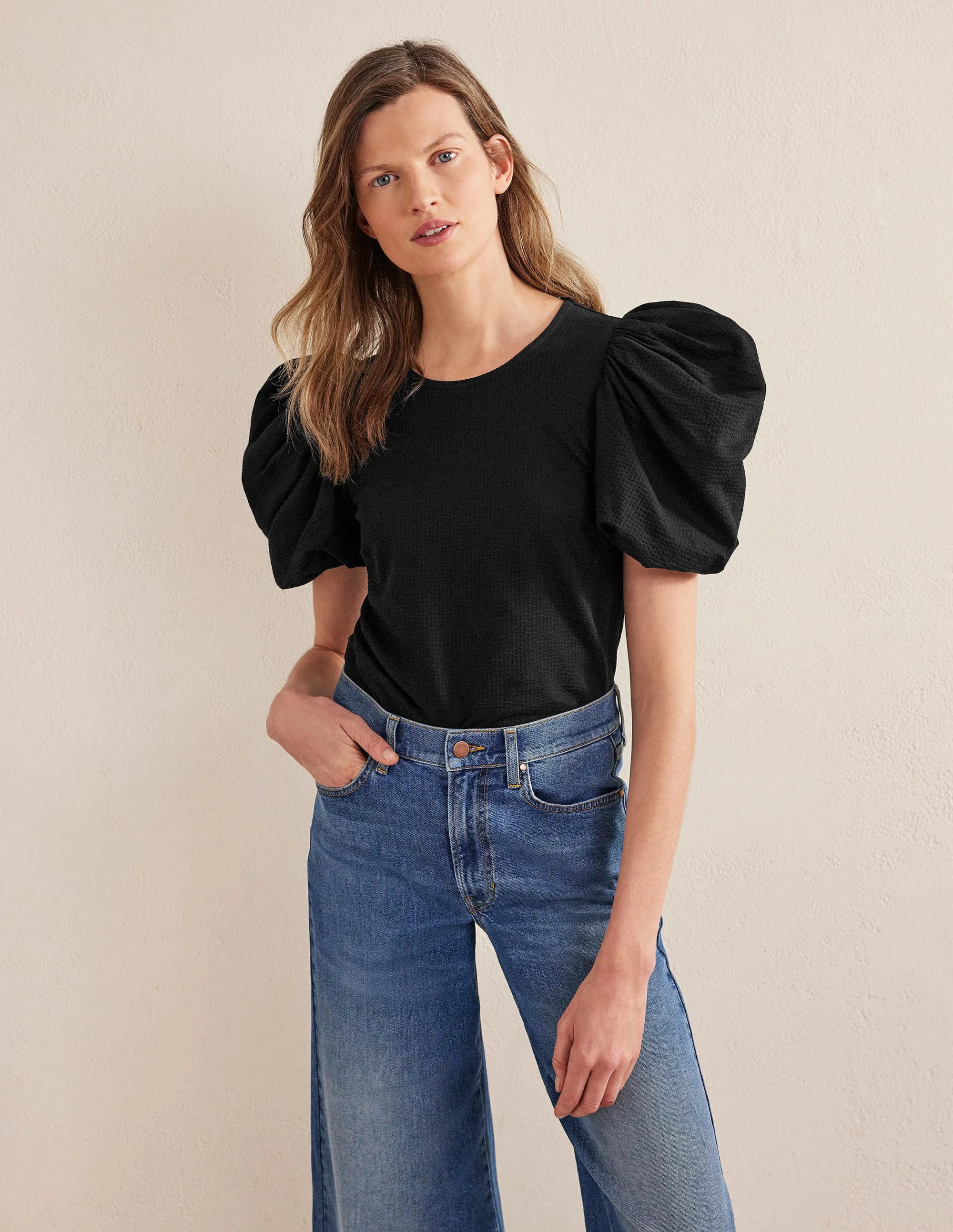 Puff Sleeve Jersey Top-Black