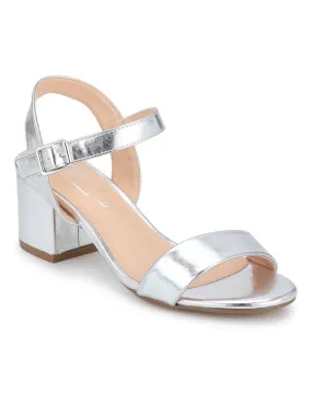 Silver PU Ankle Strap Low Block Heels