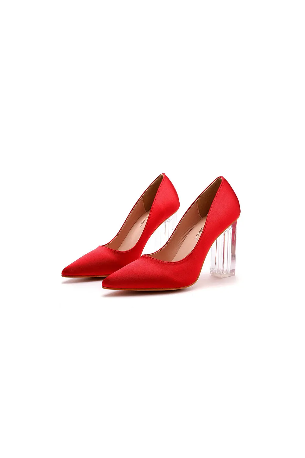 Simple Satin Slip on Pointed Toe Transparent Block Heels