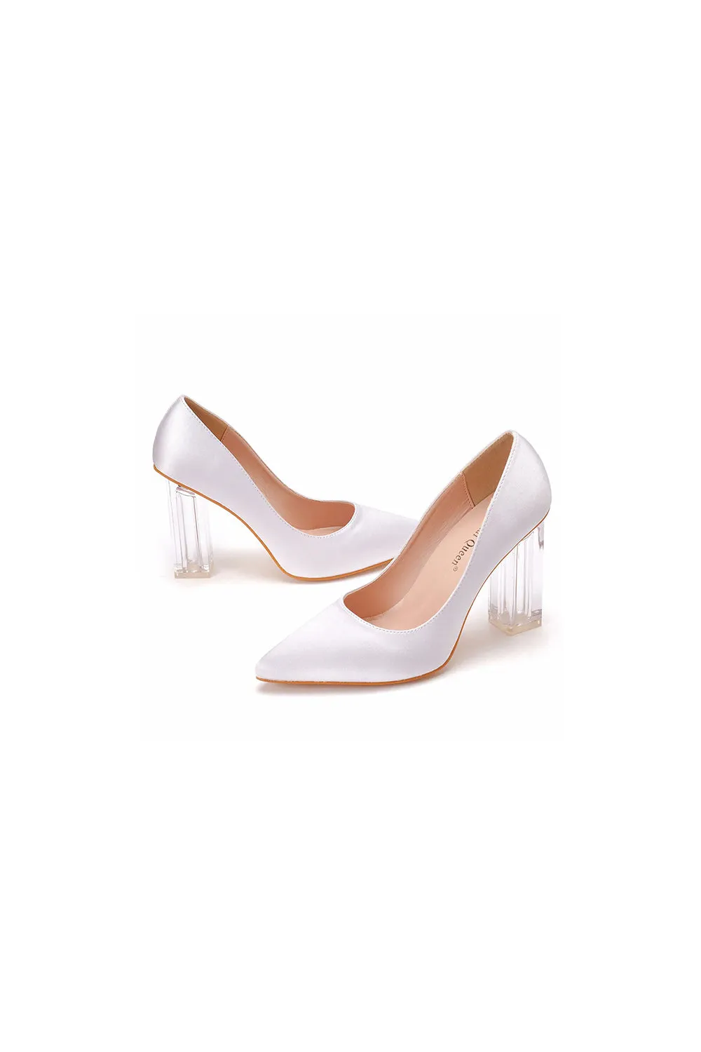 Simple Satin Slip on Pointed Toe Transparent Block Heels