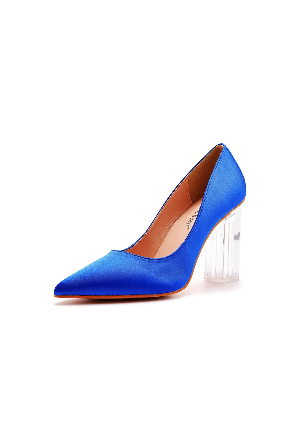 Simple Satin Slip on Pointed Toe Transparent Block Heels