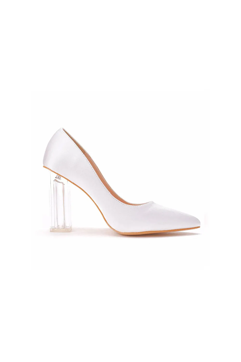 Simple Satin Slip on Pointed Toe Transparent Block Heels