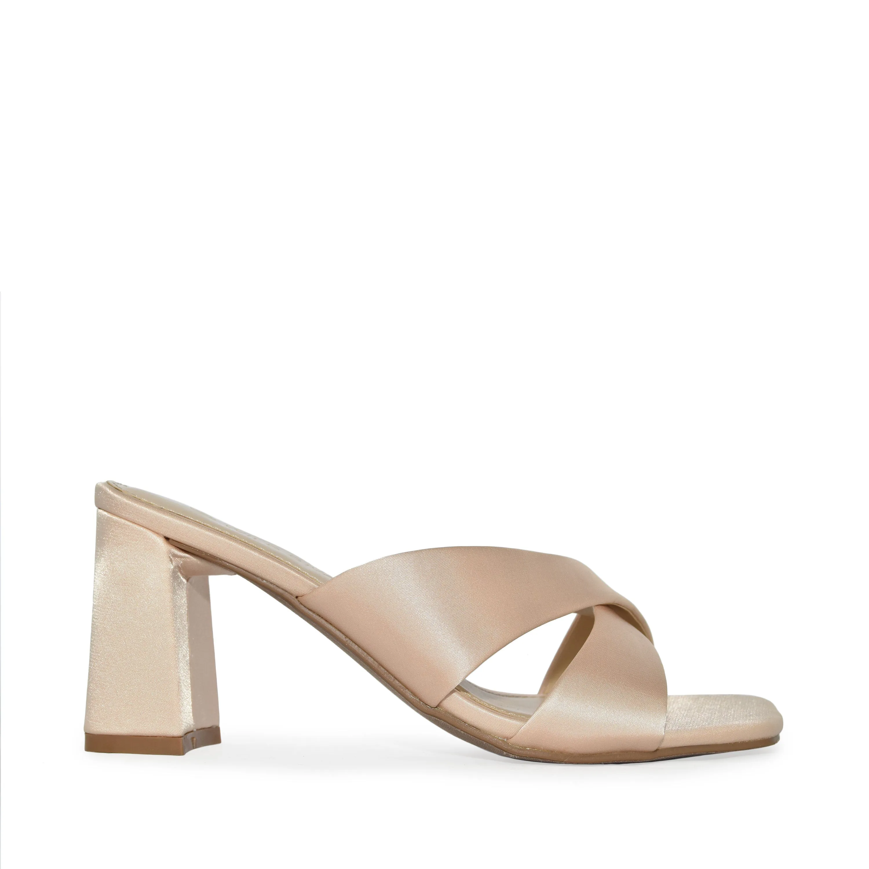 Wild Diva Satin Criss Cross Open Square Toe Block Heel Mule Sandal Heels