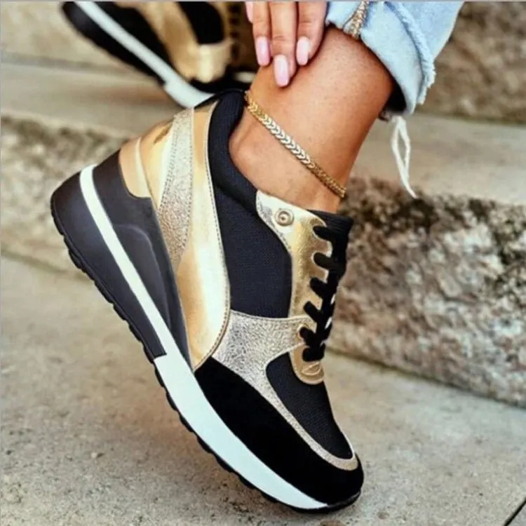 Women Sport Shoes Fashion Mixed Colors Casual Sneakers Wedge Heel Ladies Vulcanized Shoes Lace-Up Walking Running Shoes 2023