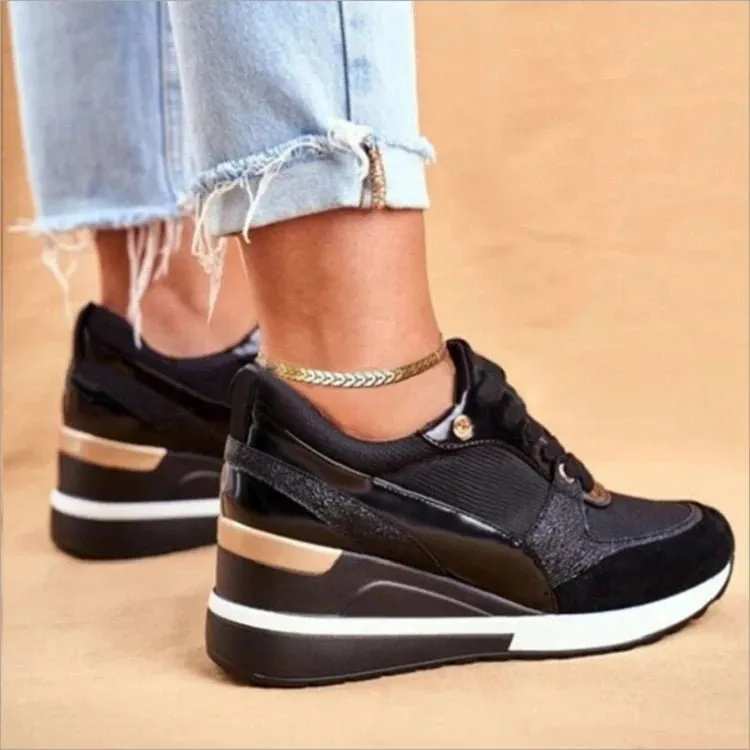 Women Sport Shoes Fashion Mixed Colors Casual Sneakers Wedge Heel Ladies Vulcanized Shoes Lace-Up Walking Running Shoes 2023