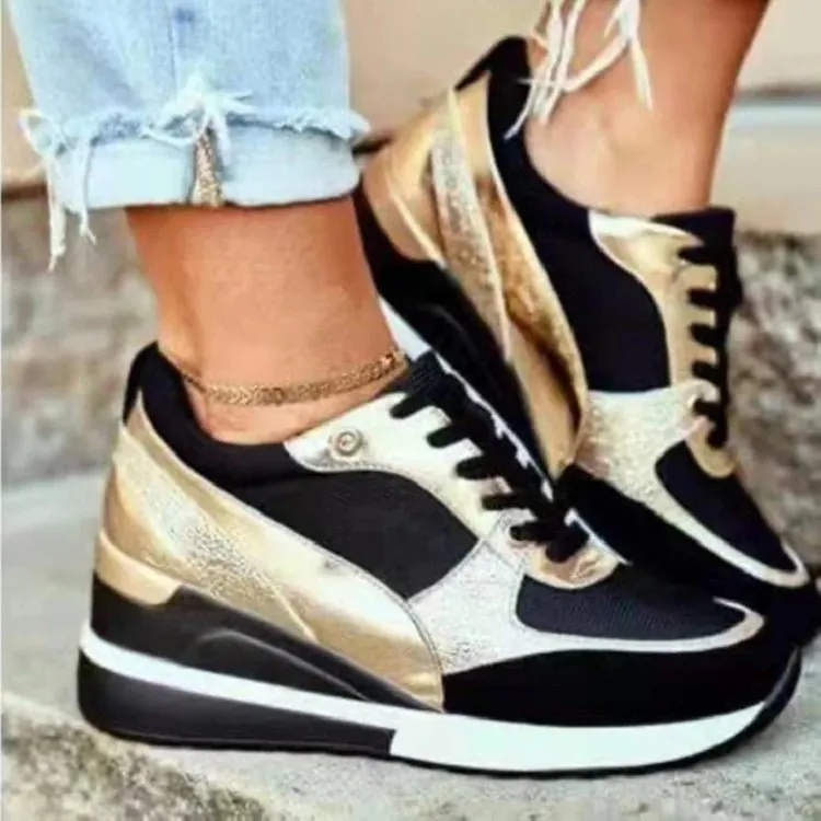 Women Sport Shoes Fashion Mixed Colors Casual Sneakers Wedge Heel Ladies Vulcanized Shoes Lace-Up Walking Running Shoes 2023