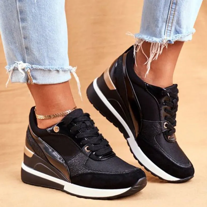 Women Sport Shoes Fashion Mixed Colors Casual Sneakers Wedge Heel Ladies Vulcanized Shoes Lace-Up Walking Running Shoes 2023